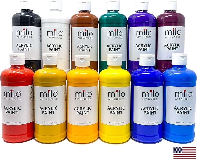 milo Acrylic Paint Set of 12 Colors | 16 oz Bottles | Student Primary Colors Acrylics Painting Pack | Made in the USA | Non-Toxic Arts & Crafts Paints for Artists & Hobby Painters