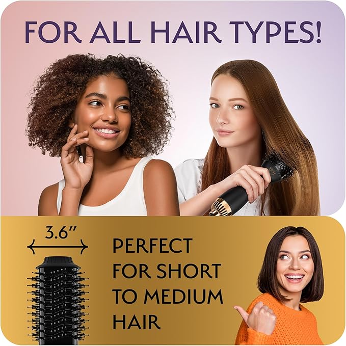 Professional Blowout Hair Dryer Brush, Manual Dual Voltage for European Travel 110V-120V/220V-240V, Black Gold Dryer and Volumizer, Hot Air Brush for Women, 2.4 INCHES Oval Shape