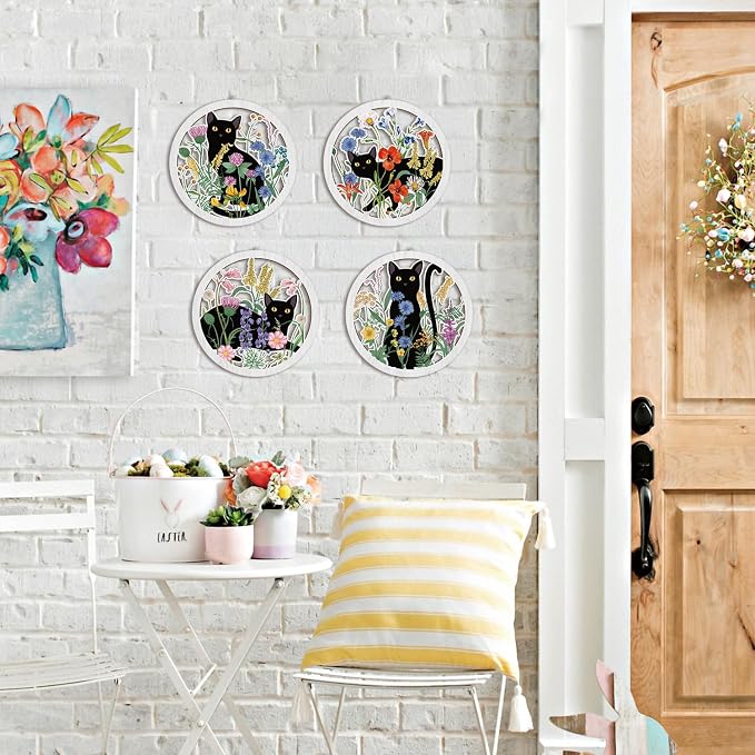 Funny Black Cat Wall Decor,Farmhouse Floral Wooden Signs,4 Pieces 10''x10'' Colorful Botanical Kitten Wall Art,Plant Cat Wood Plaque Home Decor for Pet Shop,Nursery,Lovely Cat Gifts