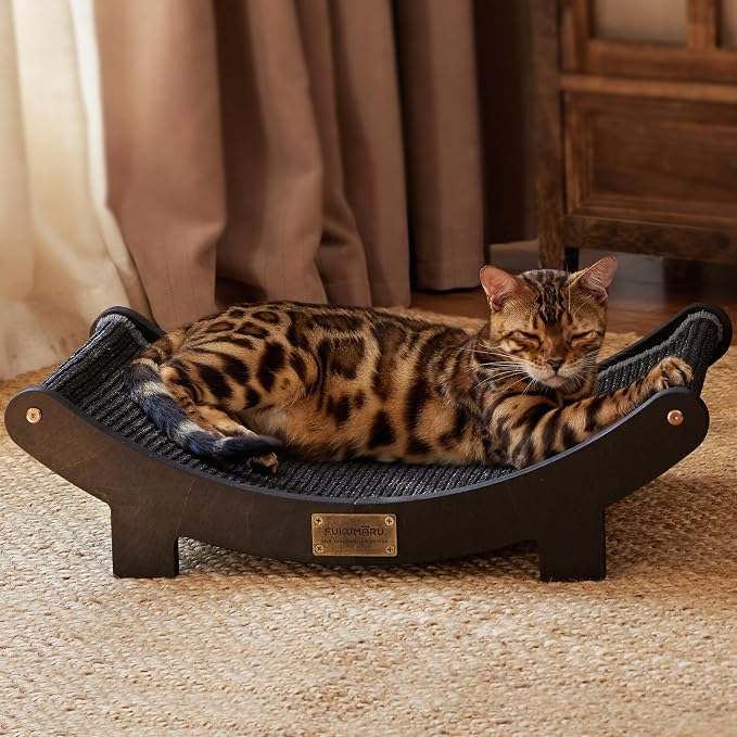 FUKUMARU Extra Large Sisal Cat Scratcher Bed Indoor Sturdy Wood Scratch Bed | 27.4 Inch Large Cat Scratching Bed Scratch Pad, 100% Natural Sisal Cat Hammock, Solid Wood Frame Lounger Chair Sofa