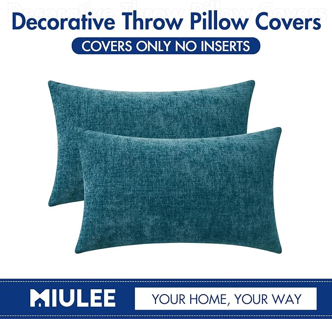 MIULEE Soft Chenille Lumbar Throw Pillow Covers Dark Teal 12x20 Pack of 2 | Modern Coastal Home Decor, Classic Decorative Pillows, Solid Dyed Cases, Boho Couch Cushion Covers for Sofa Bed Living Room
