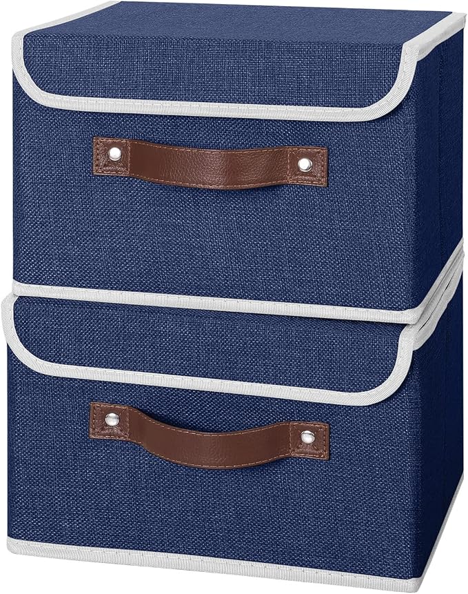 ANMINY Fabric Storage Box Bins with Lids, Blue, 10"x8"x7", 4 Pack | Keepsake Memory Storage, Cotton Linen, PP Board Reinforced, Washable, PU Handles, Foldable & Stackable, Decorative, Small
