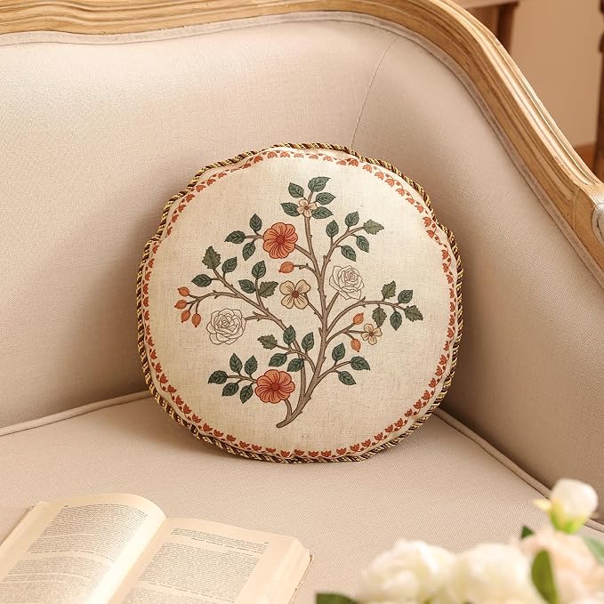 Designer Linen Throw Pillow Cover,Set of 2,Diameter 16"-Flora B | Vintage French Round Decor Pillow Cover,Concealed Zipper Design,Floral Pattern,Sofas,Bedroom,Living Room,Lounge Chairs