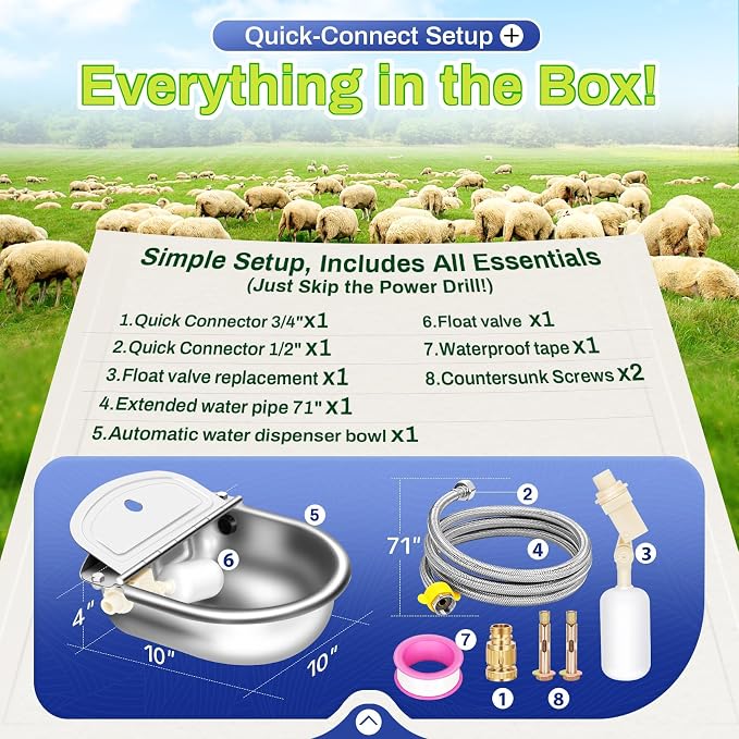 Automatic Animal Drinking Water Bowl with Float Valve, Extended Pipe & Drain Hole,3L Stainless Steel Waterer Feeder Farm Dog Dispenser Kit Self Filling for Livestock Horse Goat Water Trough