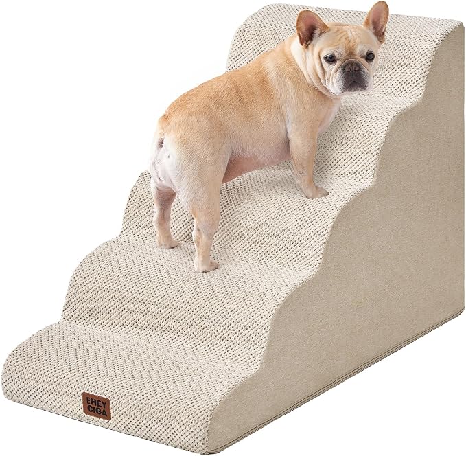 EHEYCIGA Curved Dog Stairs Ramp, 5-Step Extra Wide High Beds, Pet Step | 33D density of pure foam, for Small Dogs and Cats, Pet Stairs for High Bed Climbing, Non-Slip Balanced Indoor, Beige