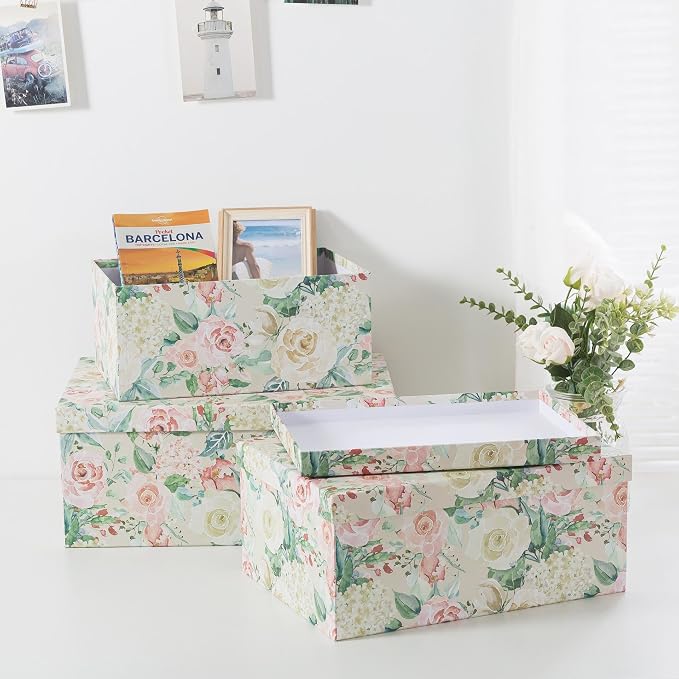 Soul & Lane - Blooming Rose Decorative Storage Boxes with Lids, Set of 3 | Large Nesting Cardboard Keepsake Boxes for Photos and Memories, Floral Photo Storage Containers for Home Decor