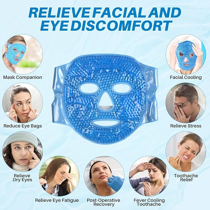 Ice Face Mask for Puffy Eyes & Dark Circles - Cooling Eye mask for Face, Eye Relief, Headaches, Skin Care & Post-Laser Care, Reusable & Washable - (Blue)