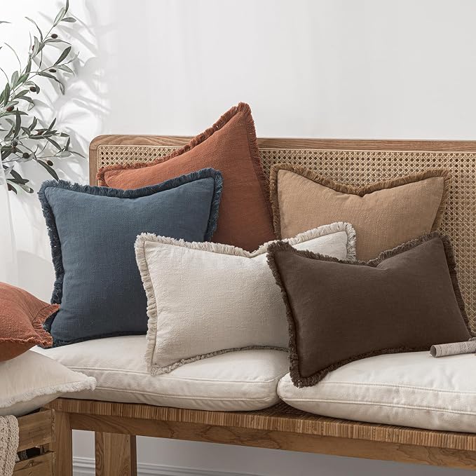 MIULEE Boho Linen Fringe Decorative Fall Pillow Covers Reddish Brown 18x18 | Set of 2, Cottagecore Decor, Boho Farmhouse Neutral Pillow Covers, Rustic Fall Couch Cushion Cases for Sofa Bed Living Room