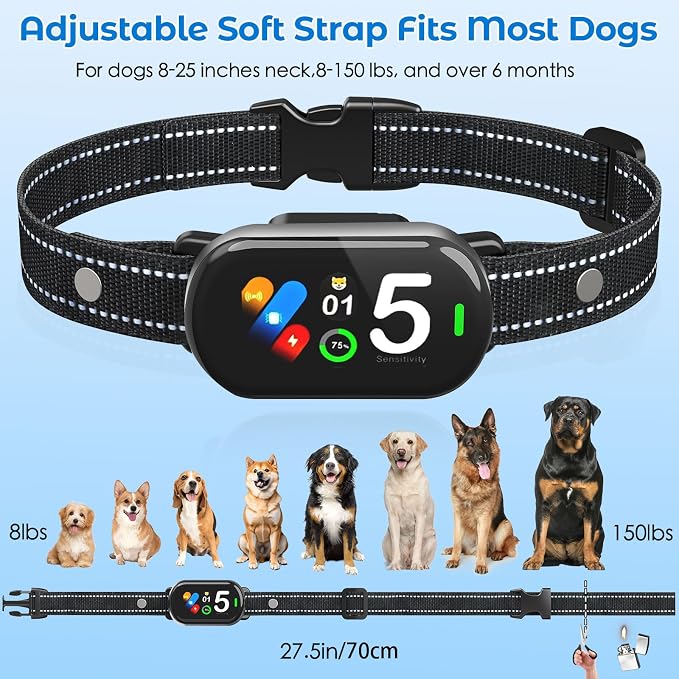 Bark Collar for Small Medium Large Dogs, Rechargeable Smart Dog Bark Collar, Anti Barking Training Collar with 5 Adjustable Sensitivity,Bark Shock Collar with Beep Vibration (Grey)