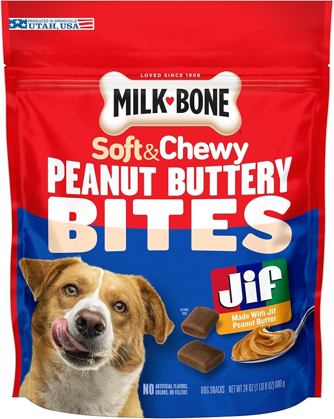 Milk-Bone Soft & Chewy Peanut Buttery Bites, 2 Bags | 24-oz. bags, soft dog treats with Jif peanut butter