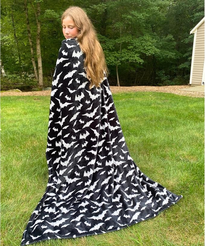 Halloween Fleece Throw Blanket, Silver White Bats on Black, Oversized 50x70 | Ultra-soft cozy flannel fleece, for sofa couch bed chair & dorms, spooky Halloween décor, durable and machine washable.