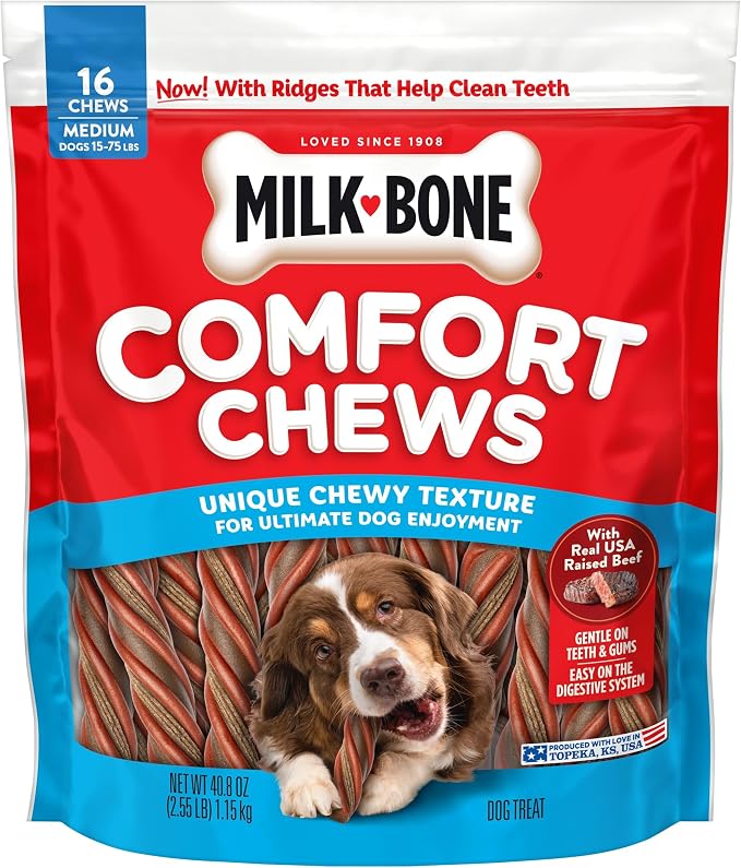 Milk-Bone Comfort Chews, Unique Chewy Texture & Real Beef, 16 Dog Chews | 40.8-oz. bag, For dogs 15-75 lbs., Rawhide-free dog chews, Made with real beef