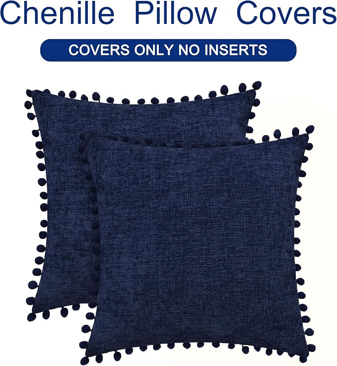 CaliTime Decorative Couch Throw Pillow Covers 16 X 16 Inches Navy Blue | Pack of 2, Cozy Chenille Cushion Cases, with Pom Poms for Sofa Bed Living Room Farmhouse Home