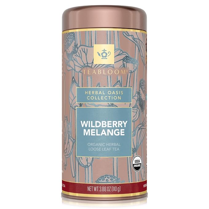 Teabloom Organic Herbal Tea, Wildberry Mélange Loose Leaf Tea, Berry Flavor Herbal Tea, USDA Organic Certified and Kosher Certified Fruit Tea Blend, 3.88 oz/110 g Canister Makes 35-50 Cups