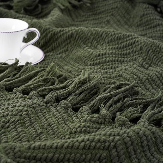 BATTILO HOME Olive Green Throw Blankets for Couch, 60"x80" | Knitted Dark Green Throw Blanket for Bed, Super Soft Warm Large Throws for Home Decor