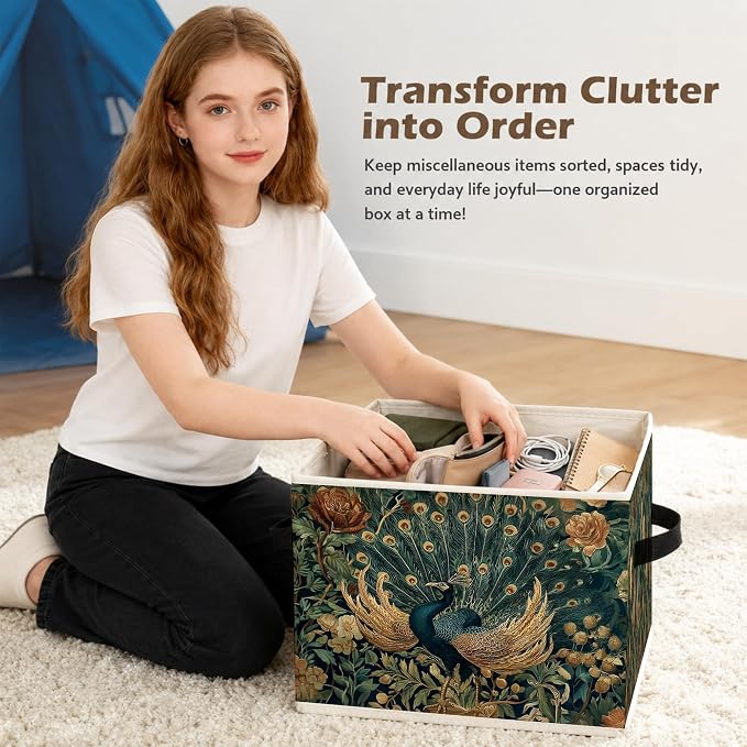 Peacock Floral Storage Box Bins, Vintage Cottagecore Wildflower Peacock Collapsible Storage Basket Organizer for Bedroom Laundry Room Home Clothes Books, Decor for Room