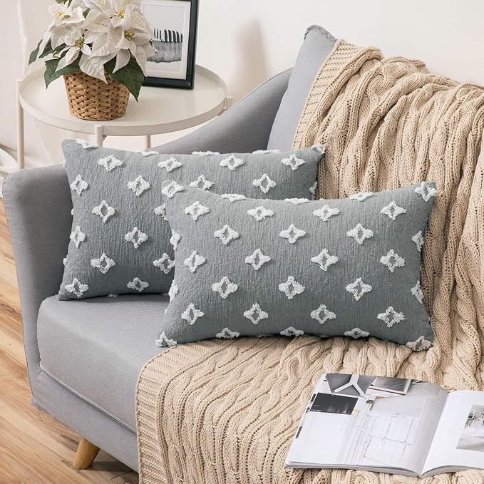 Pack of 2 Flower Tufted Throw Pillows Embroidered Flowers 3 Size and Color Options Come with Inserts (Gray, 12"x20" with Insert)