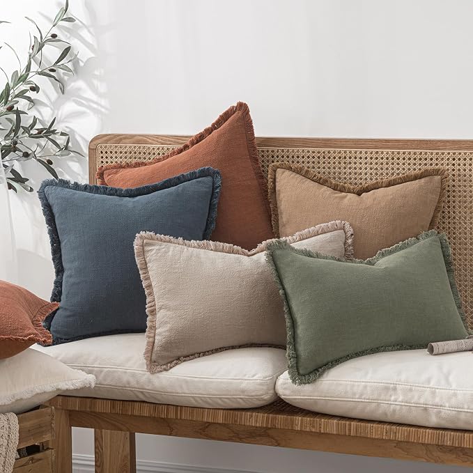 MIULEE Boho Natural Linen Fringe Decorative Throw Pillow Covers 18x18 | Set of 2, Cottagecore Decor, Boho Farmhouse Neutral Pillow Covers, Rustic Couch Cushion Cases for Sofa Bed Living Room