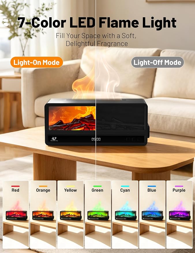 Fireplace Aroma Diffuser for Bedroom Nightstand, Essential Oil Diffuser with Realistic Flame Effect, Remote Control, Timer Auto-Off, 7 Color LED Ultrasonic Aromatherapy Diffuser for Home Office Decor
