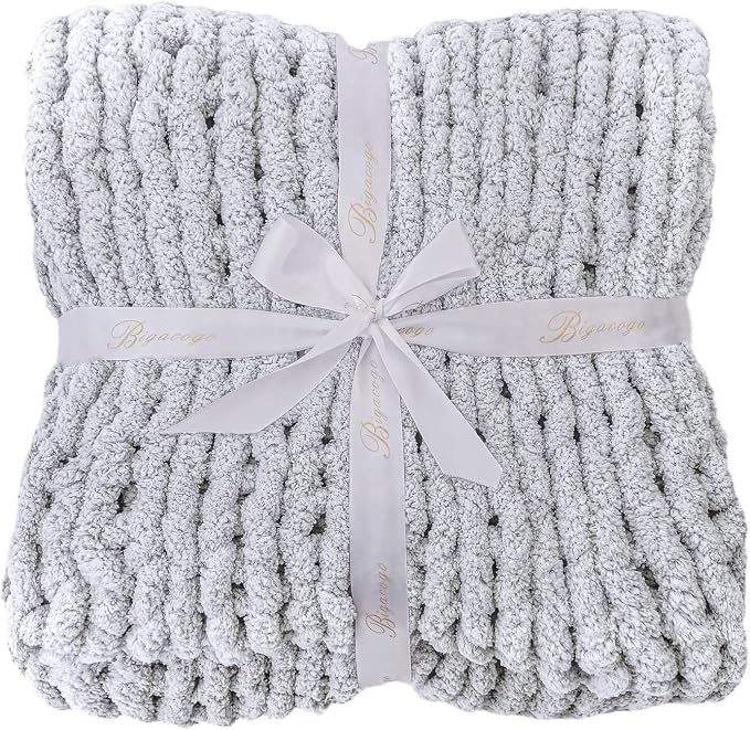 Bigacogo Chunky Knit Throw Blanket for Couch, 40x60 inches, Light Grey | Hand Knit with Jumbo Chenille, Soft Breathable Cable Knit for Sofa Bed Living Room, Machine Washable, Gift for Mom Friend