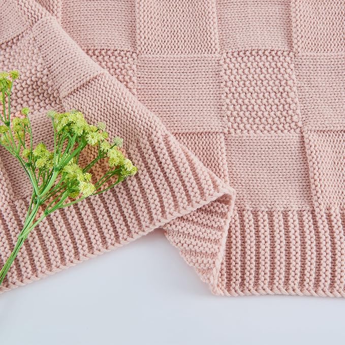 CozeCube Pink Knitted Checkered Throw Blanket 60"X80" | Check Knit Throw for Couch, Decorative Christmas Soft Cozy Warm Blanket for Bed Sofa Living Room