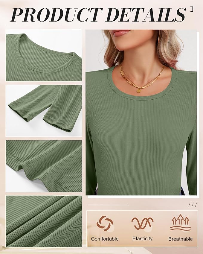 Ficerd 3 Pack Women's Ribbed Long Sleeve Tops, Crew Neck Slim Fit Undershirts Knit Basic Casual Stretch Layering Tee Shirts