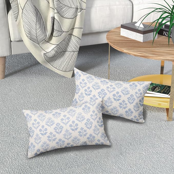Baby Blue Floral Pillow Covers 12x20 Inch Set of 2, Vintage Flower Block Print Pattern Decorative Throw Pillowcases Outdoor Farmhouse Cushion Covers Spring Summer Rustic Sofa Couch Bed Decor