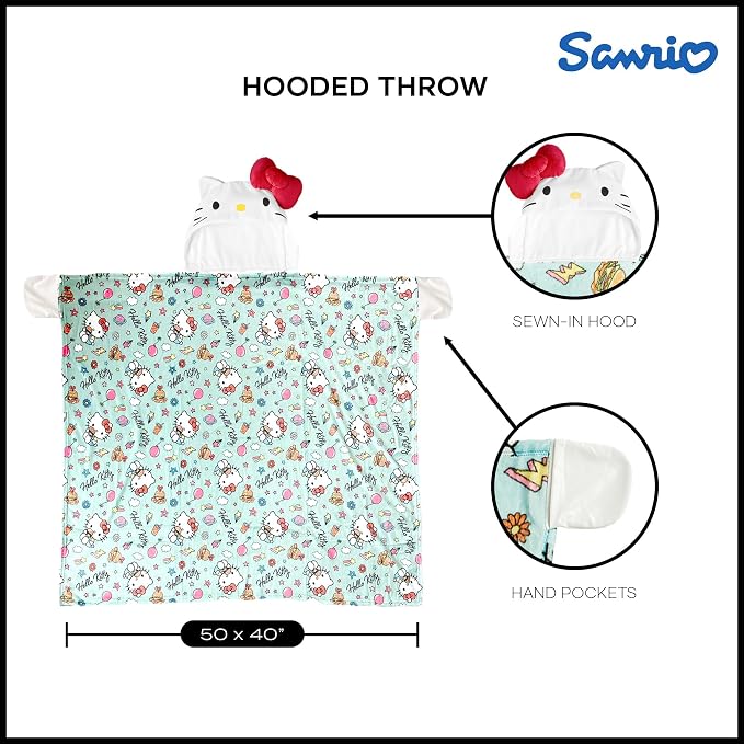Northwest Sanrio Hello Kitty Blanket, Wearable Hooded Throw, Soft 3D Sculpted Hood, Silk Touch Throw, 40 x 50 Inches