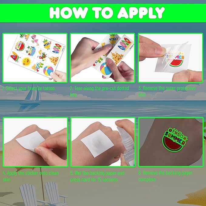 96 PCS Hello Summer Beach Pool Hawaiian Pre-Cut Luminous Glow in the dark Temporary Tattoos for Kids | Super Cute Themed Birthday Party Favors Supplies Decorations, Fake Tattoos Gifts for Boys Girls