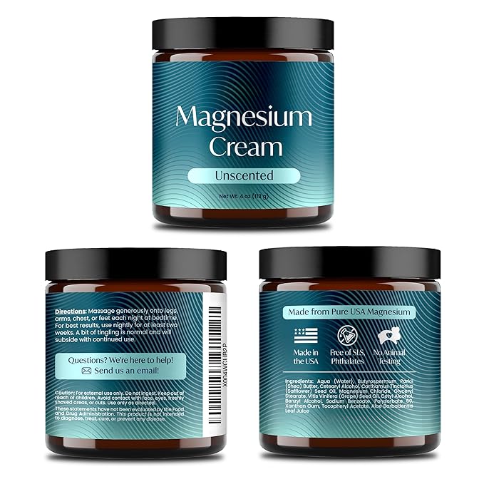 Magnesium Cream USA-Made Unscented Topical Magnesium Lotion for Feet Soreness, Muscle Balm Mag Oil Body Butter, Foot Cream for Feet, Rub for Muscle Soreness, 4oz