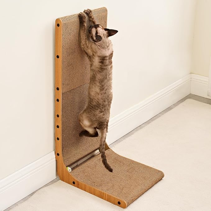 EHEYCIGA Cardboard Cat Scratcher for Indoor Cats, 32 Inch, Brown | L Shaped Scratching Post, Vertical Cat Scratching Board with Ball Cat Toy, Furniture Protector, Extra Large Cat Scratch Pad