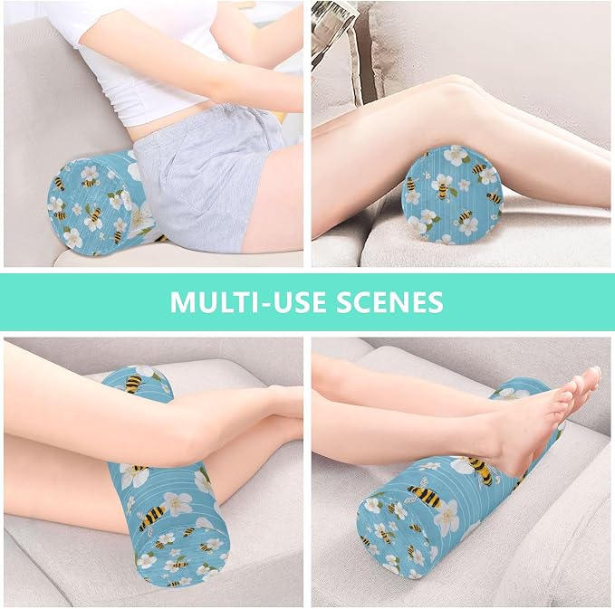 Blue Sakura and Bees Neck Roll Pillow Bolster Round Health Memory Foam Long Cervical Cylinder Pillows with Removable Washable Cover for Body Bed Legs Back Yoga