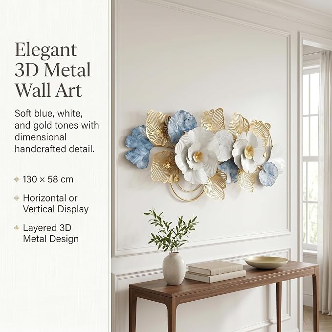 Axioglo 59" Large Wall Decor,3D Floral Metal Wall Art for Living Room | 59" x 27" metal wall decor with layered metal texture, mounting hardware, two-way display