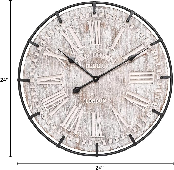 EMAX HOME 24 Inch Large Farmhouse Wall Clock, Rustic Antique Wood with Metal Circle and Large Engraved Numerals, Silent Battery Operated Wall Clock for Office Kitchen Bedroom Living Room