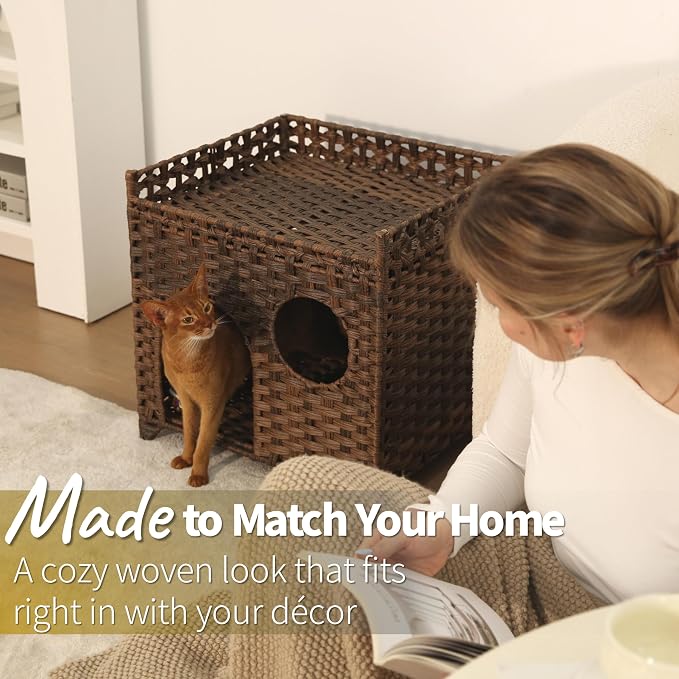 Handwoven Wicker Cat House with Peekaboo Window, for 1-2 Cats Under 20 lb | Woven wicker and raised base for airflow, cool for summer use. Natural furniture look. Rinse clean. Pop open and no assembly.