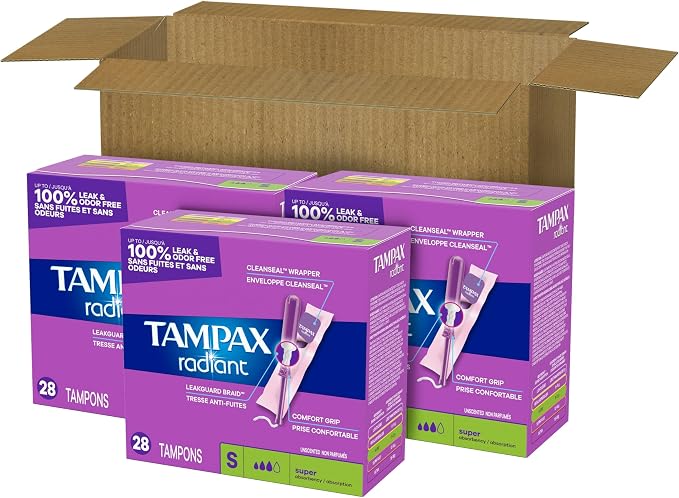 Tampax Radiant Tampons for Women, with LeakGuard Braid, Super Absorbency, Unscented, 84 Count (3 Packs of 28), Packaging May Vary