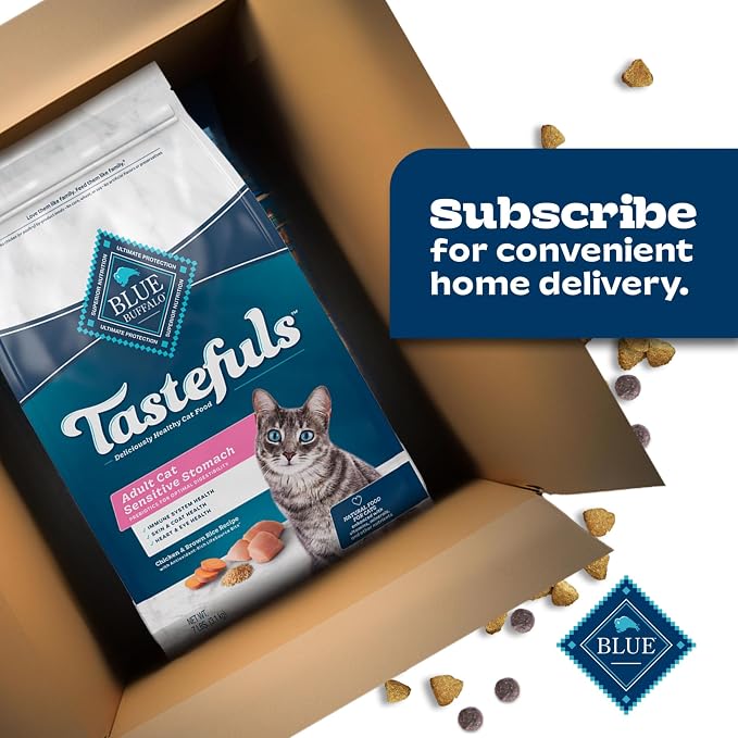 Blue Buffalo Tastefuls Chicken Adult Sensitive Stomach Dry Cat Food, 3 lb | Chicken & Brown Rice Recipe, Whole Grains, Garden Veggies & Fruit, No Corn, Wheat, or Soy