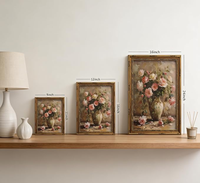 Gold Framed Vintage Floral Canvas Wall Art French Country Painting Picture Wall Decor Vase Flower Arrangement Poster Print Artwork for Living Room Bedroom Bathroom Home Decoration