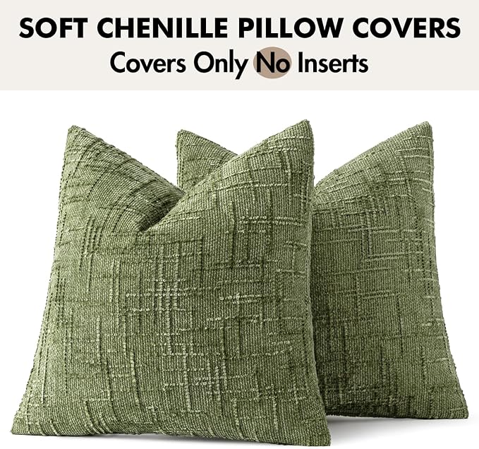 MIULEE Chenille Textured Throw Pillow Covers Sage Green 20x20 Set of 2 | Slubby Decorative Pillows, Boho Farmhouse Home Decor, Modern Neutral Cushion Covers for Couch Sofa Bed Living Room