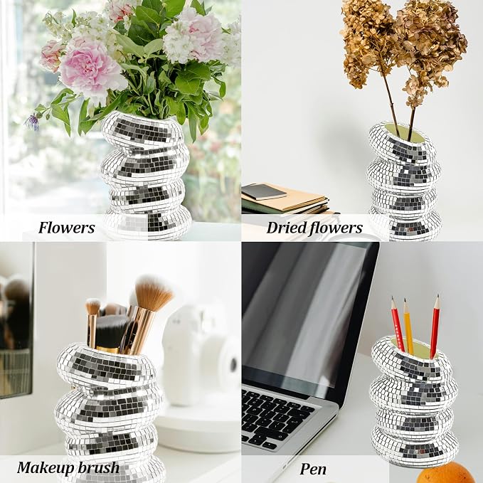 1Pcs Disco Ball Vase, Silver Mirror Finish Disco Ball Planter, Home Living Room Balcony Study Desk Party Decor.