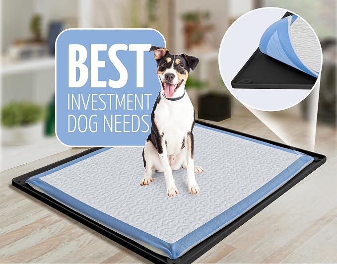 Skywin Dog Pee Pad Holder Tray Fits for 30” x 23” Pee Pads - 1 Pack - Black | Corner Lock Holes, Raised Edges, Non-Spill, Easy to Clean Silicone Dog Potty Tray Holder, For Indoor Floor Protection
