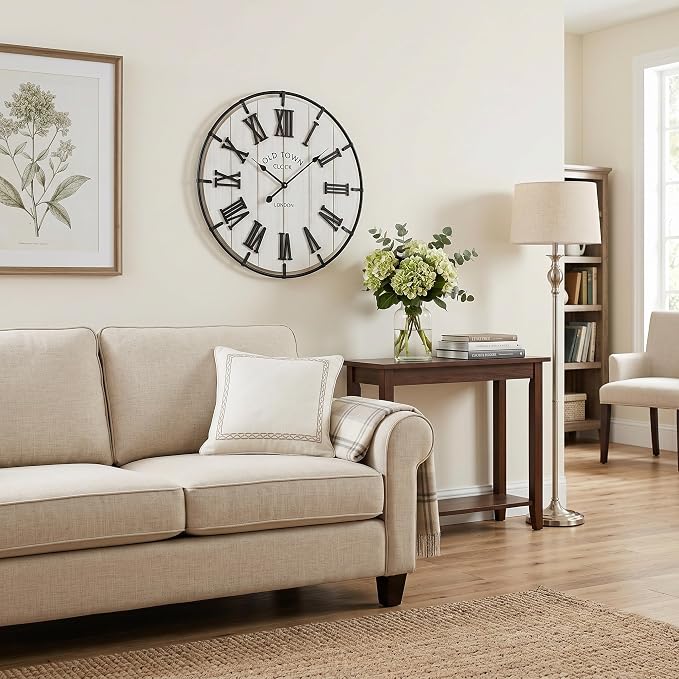 EMAX HOMELarge 24 Inch Farmhouse Style Wall Clock, Distressed Wood Look, Non-Ticking Quartz Movement, Classic Black Roman Numerals and Metal Frame, for Living Room Wall, Bedroom