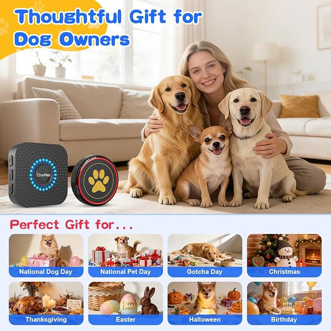 Dog Door Bell for Potty Training, IP55 Waterproof, 55 Ringtones, 0-115dB | Touch-Activated Wireless Dog Bell Helps Puppies Signal Outside, 5 Volume Levels and Waterproof Button for Indoor/Outdoor Use