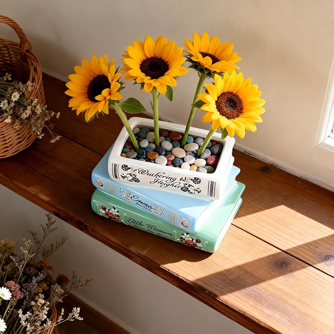 Book-Shaped Decorative Planter Pot - Unique Plant Vase & Bookshelf Desktop Office Decor for Book Lovers|Ceramic Planter with Drainage| Gift for Plant Lovers, Home Decor Enthusiasts
