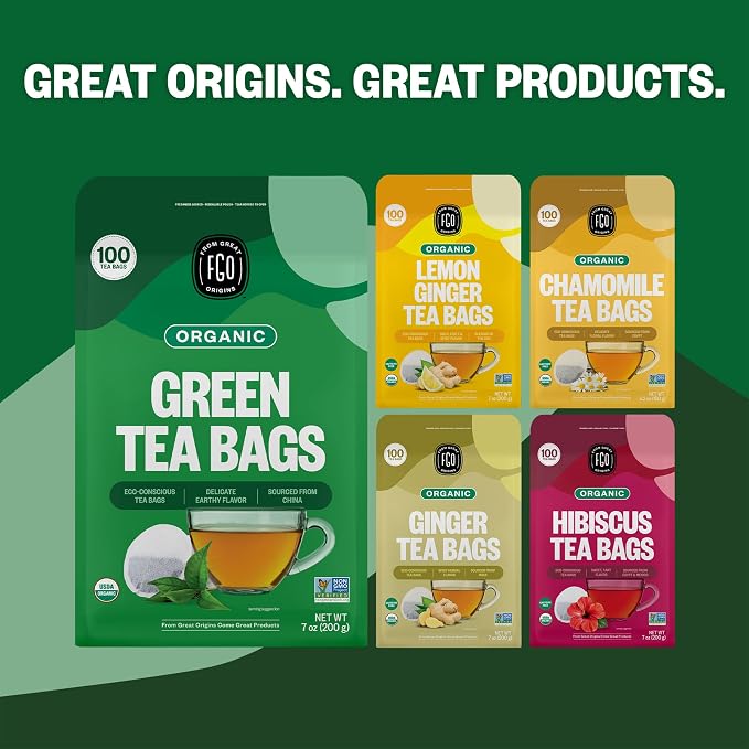 FGO Organic Green Tea, 100 Count Eco-Conscious Tea Bags, Caffeinated, Resealable Pouch, Packaging May Vary (Pack of 1)