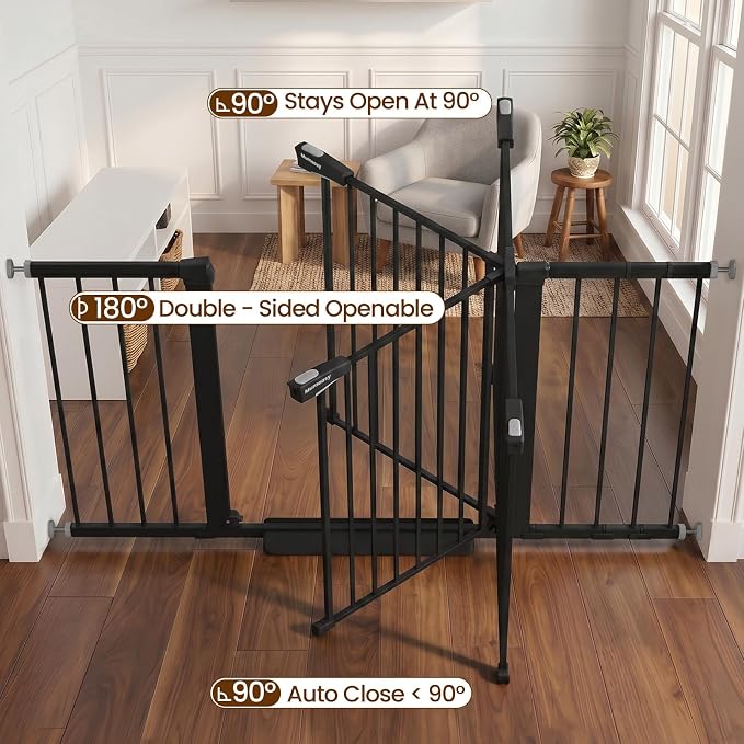 Mumeasy 29.7-54.2" Baby Gate for Stairs, Pressure Mounted Dog Gate for Doorways, Extra Wide Walk Thru Safety Pet Gate for Doors with Auto Close, Easy Install Child Gate for Hallway Indoor House, Black