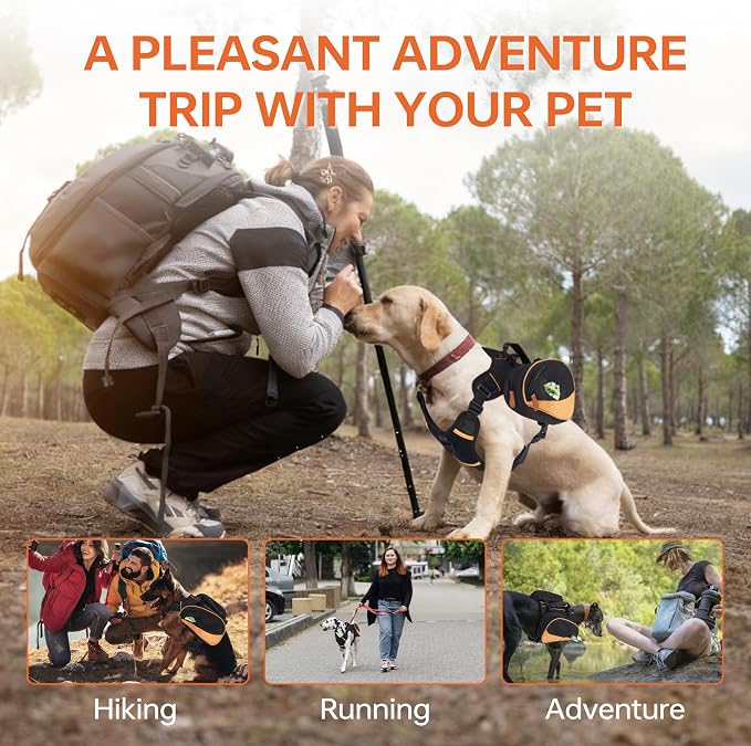 Dog Backpack for Medium & Large Dogs, Detachable Side Bags, Quick-Poop Bag Dispenser | No-Pull Adjustable Harness for Large-Chested Breeds | Non-Slip Handle for Hiking, Walking, Outdoor Adventures(L)
