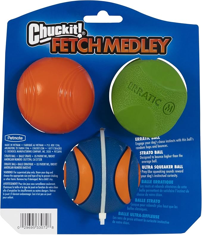 Chuckit Gen 1 Fetch Pack Dog Balls - Interactive Dog Toys, High-Bounce Fetch Ball, Floating Ultra and Rugged Balls, Durable - Size Medium, 2.5-inch Diameter, Set of 3