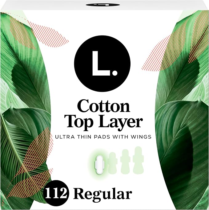L. Ultra Thin Pads for Women, Regular Absorbency, Organic Cotton Top Layer, Unscented Pads with Wings, 112 Count (4 Packs of 28)