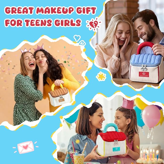 Color Nymph Girls Makeup Kit For Teen Girls & Women with Cutie Pie Handbag, All In One Girl Makeup Sets for Women Full Kit with Eye shadow, Face Blush Contour Highlighter Lipgloss Mascara and Mirror